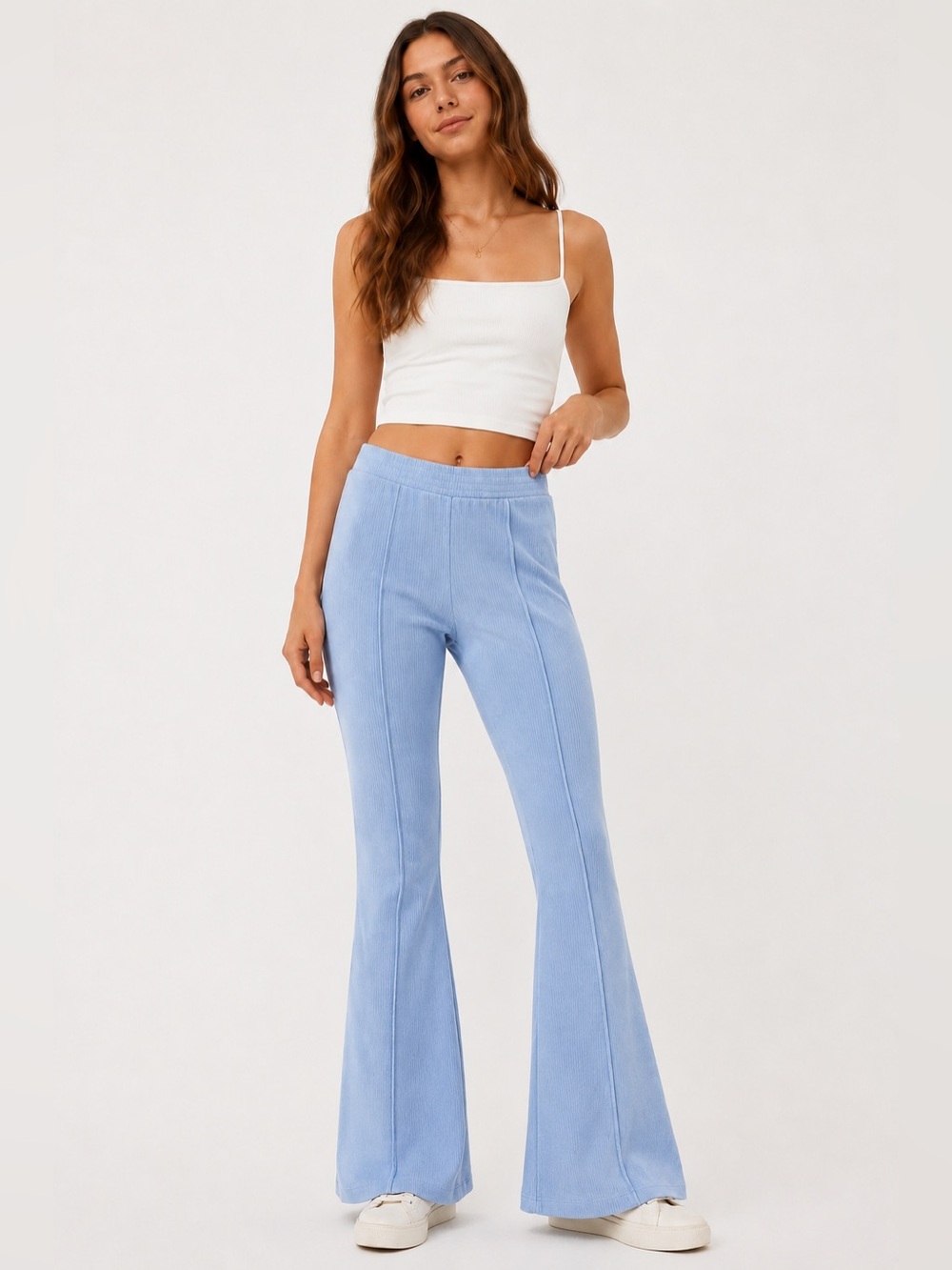 Aerie Blue Ribbed Flare Lounge Pants Size Medium Front Seam Athleisure Comfy